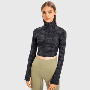 Womens Gym Tops Long Sleeve Sports Fitness Workout Yoga Crop Tops Ladies Running full Zip Breathable Activewear with Thumb Holes