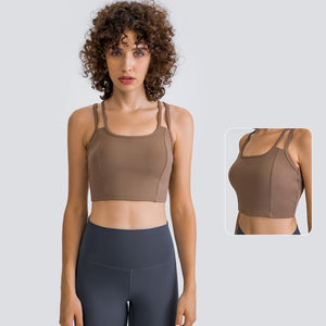 MAYLIFY Women's Medium Support Sports Bra Strappy Back Wirefree Removable Cups Longline Yoga Crop Top Bra
