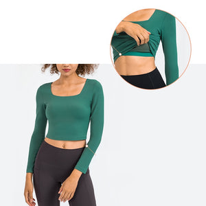 Women's Cropped Long Sleeve Athletic Workout Yoga seamless Shirts Crop Top with double layer