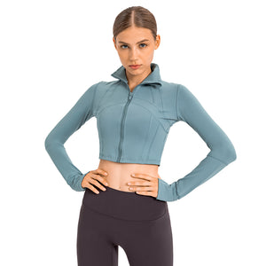 Womens Gym Tops Long Sleeve Sports Fitness Workout Yoga Crop Tops Ladies Running full Zip Breathable Activewear with Thumb Holes