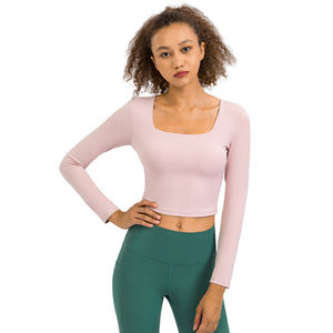 Women's Cropped Long Sleeve Athletic Workout Yoga seamless Shirts Crop Top with double layer