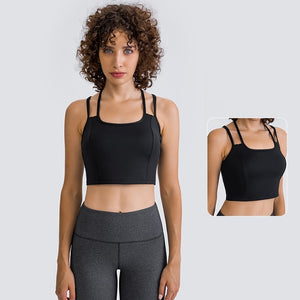 MAYLIFY Women's Medium Support Sports Bra Strappy Back Wirefree Removable Cups Longline Yoga Crop Top Bra