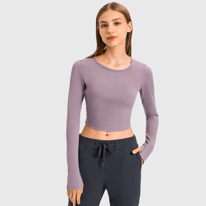 Women's Cropped Long Sleeve Athletic Workout Yoga Shirts Crop Top with Thumb Hole