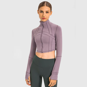 Womens Gym Tops Long Sleeve Sports Fitness Workout Yoga Crop Tops Ladies Running full Zip Breathable Activewear with Thumb Holes
