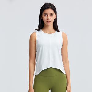 YOGA Cotton Summer Gym Sleeveless Vest Tops for Women Light Elastic Running Crop Top Loose Crew Neck Yoga Shirt