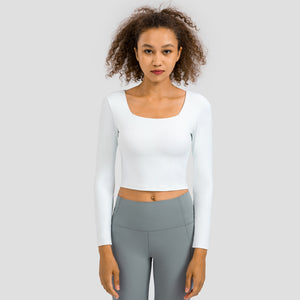 Women's Cropped Long Sleeve Athletic Workout Yoga seamless Shirts Crop Top with double layer