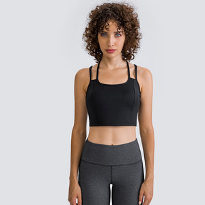 MAYLIFY Women's Medium Support Sports Bra Strappy Back Wirefree Removable Cups Longline Yoga Crop Top Bra