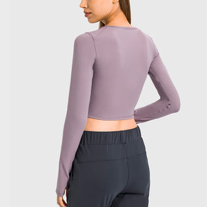 Women's Cropped Long Sleeve Athletic Workout Yoga Shirts Crop Top with Thumb Hole