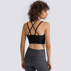 MAYLIFY Women's Medium Support Sports Bra Strappy Back Wirefree Removable Cups Longline Yoga Crop Top Bra