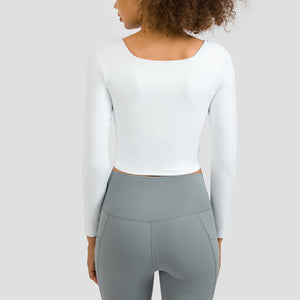 Women's Cropped Long Sleeve Athletic Workout Yoga seamless Shirts Crop Top with double layer