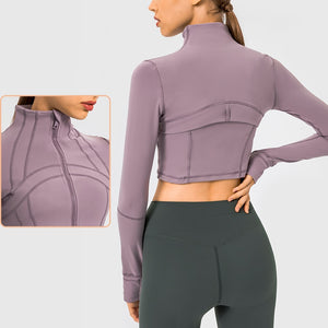 Womens Gym Tops Long Sleeve Sports Fitness Workout Yoga Crop Tops Ladies Running full Zip Breathable Activewear with Thumb Holes