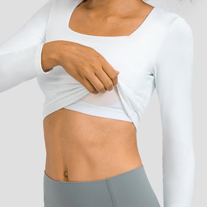 Women's Cropped Long Sleeve Athletic Workout Yoga seamless Shirts Crop Top with double layer