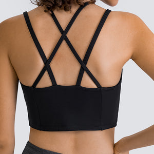 MAYLIFY Women's Medium Support Sports Bra Strappy Back Wirefree Removable Cups Longline Yoga Crop Top Bra