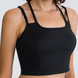 MAYLIFY Women's Medium Support Sports Bra Strappy Back Wirefree Removable Cups Longline Yoga Crop Top Bra