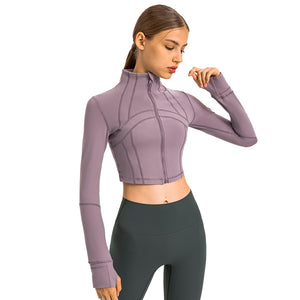 Womens Gym Tops Long Sleeve Sports Fitness Workout Yoga Crop Tops Ladies Running full Zip Breathable Activewear with Thumb Holes