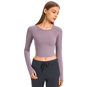 Women's Cropped Long Sleeve Athletic Workout Yoga Shirts Crop Top with Thumb Hole