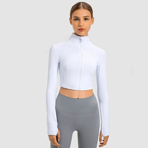 Womens Gym Tops Long Sleeve Sports Fitness Workout Yoga Crop Tops Ladies Running full Zip Breathable Activewear with Thumb Holes