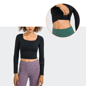Women's Cropped Long Sleeve Athletic Workout Yoga seamless Shirts Crop Top with double layer