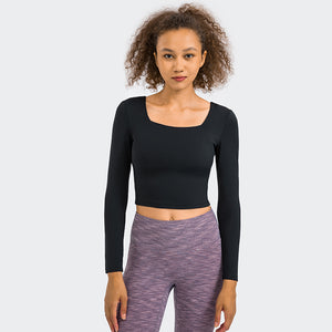 Women's Cropped Long Sleeve Athletic Workout Yoga seamless Shirts Crop Top with double layer