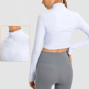 Womens Gym Tops Long Sleeve Sports Fitness Workout Yoga Crop Tops Ladies Running full Zip Breathable Activewear with Thumb Holes