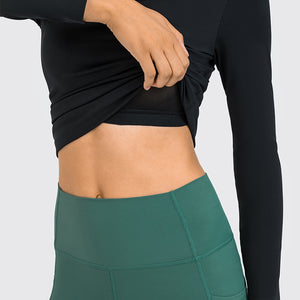 Women's Cropped Long Sleeve Athletic Workout Yoga seamless Shirts Crop Top with double layer