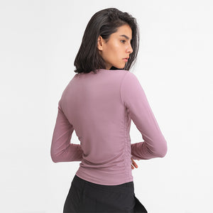 Women's long sleeve round neck sports Running fitness top slim fit breathable yoga cross fold long sleeve