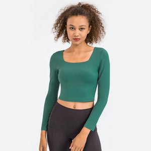 Women's Cropped Long Sleeve Athletic Workout Yoga seamless Shirts Crop Top with double layer