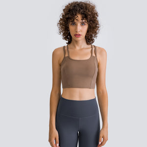 MAYLIFY Women's Medium Support Sports Bra Strappy Back Wirefree Removable Cups Longline Yoga Crop Top Bra