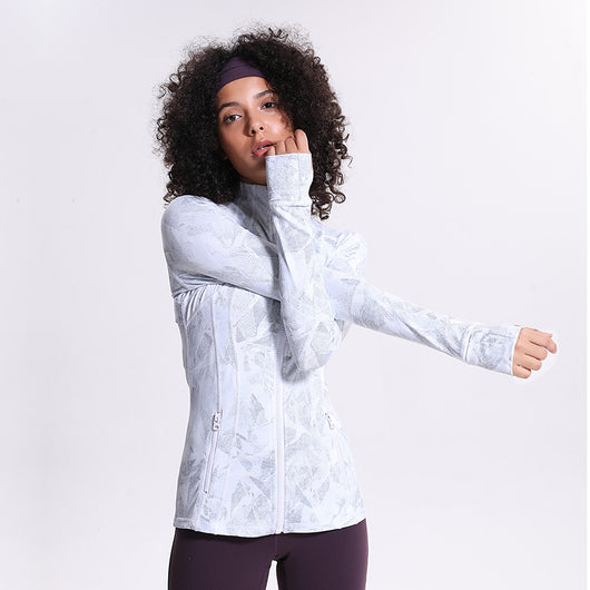 Womens running jacket slim fit print cottony soft handfeel sports tops with full zip side pocket