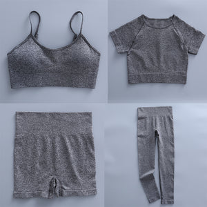 Women's 4 pcs Seamless Workout Outfits Sets Fitness Gym Running Yoga Sportswear 4 Pieces Tracksuit Leggings And Stretch Sports Bra Gym Jumpsuit Clothes Set