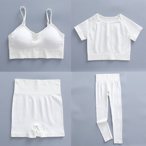Women's 4 pcs Seamless Workout Outfits Sets Fitness Gym Running Yoga Sportswear 4 Pieces Tracksuit Leggings And Stretch Sports Bra Gym Jumpsuit Clothes Set