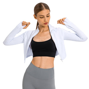 Womens Gym Tops Long Sleeve Sports Fitness Workout Yoga Crop Tops Ladies Running full Zip Breathable Activewear with Thumb Holes