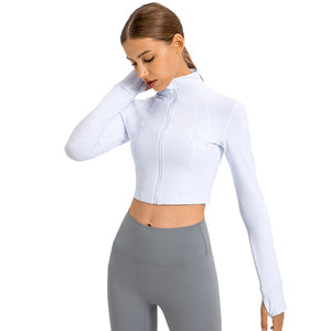 Womens Gym Tops Long Sleeve Sports Fitness Workout Yoga Crop Tops Ladies Running full Zip Breathable Activewear with Thumb Holes