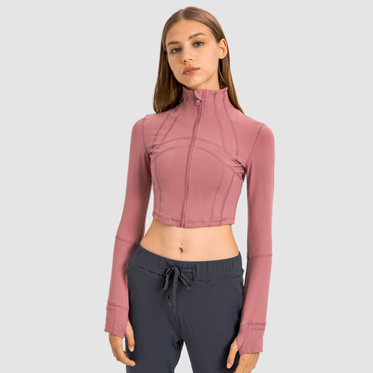 Womens Gym Tops Long Sleeve Sports Fitness Workout Yoga Crop Tops Ladies Running full Zip Breathable Activewear with Thumb Holes