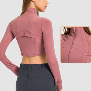 Womens Gym Tops Long Sleeve Sports Fitness Workout Yoga Crop Tops Ladies Running full Zip Breathable Activewear with Thumb Holes