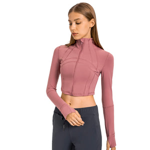Womens Gym Tops Long Sleeve Sports Fitness Workout Yoga Crop Tops Ladies Running full Zip Breathable Activewear with Thumb Holes