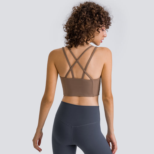 MAYLIFY Women's Medium Support Sports Bra Strappy Back Wirefree Removable Cups Longline Yoga Crop Top Bra