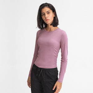 Women's long sleeve round neck sports Running fitness top slim fit breathable yoga cross fold long sleeve
