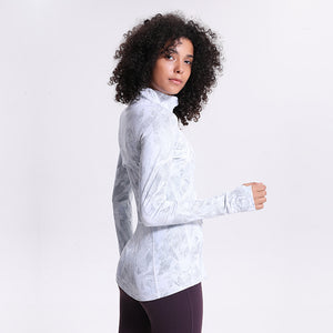 Womens running jacket slim fit print cottony soft handfeel sports tops with full zip side pocket