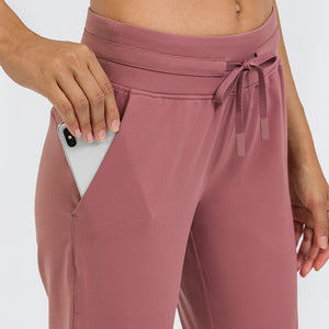 Women Breathable Drawstring Wide Leg Trousers Workout Fitness Slim Fit Side Pockets Sport Pants Jogger Sweatpants
