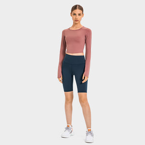 Women's Cropped Long Sleeve Athletic Workout Yoga Shirts Crop Top with Thumb Hole