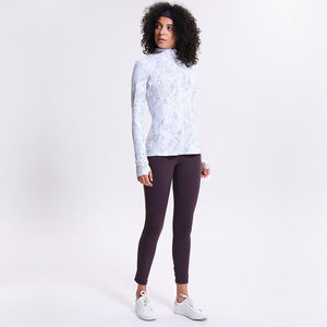Womens running jacket slim fit print cottony soft handfeel sports tops with full zip side pocket