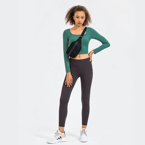 Women's Cropped Long Sleeve Athletic Workout Yoga seamless Shirts Crop Top with double layer