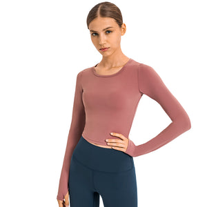 Women's Cropped Long Sleeve Athletic Workout Yoga Shirts Crop Top with Thumb Hole