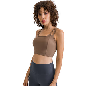 MAYLIFY Women's Medium Support Sports Bra Strappy Back Wirefree Removable Cups Longline Yoga Crop Top Bra