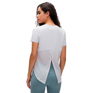 MAYLIFY Women Workout Shirts Short Sleeve Athletic Running Gym mesh Tee Shirts Yoga Top Split Back