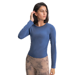 Women's long sleeve round neck sports Running fitness top slim fit breathable yoga cross fold long sleeve