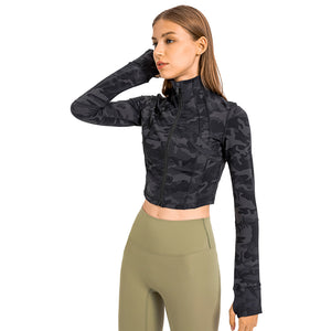 Womens Gym Tops Long Sleeve Sports Fitness Workout Yoga Crop Tops Ladies Running full Zip Breathable Activewear with Thumb Holes