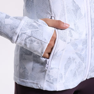 Womens running jacket slim fit print cottony soft handfeel sports tops with full zip side pocket