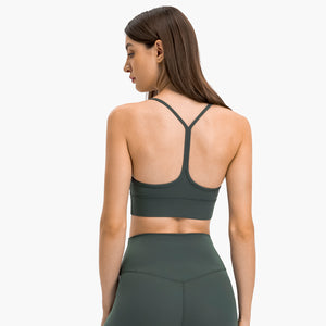 MAYLIFY Women's Low Impact Strappy Padded Sports Bra for Women Y Racer Back Spaghetti Straps Yoga Bra Tops
